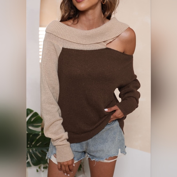 Coffee Brown Asymmetrical Long Sleeve Two-Tone Cutout Sweater - Picture 2 of 3
